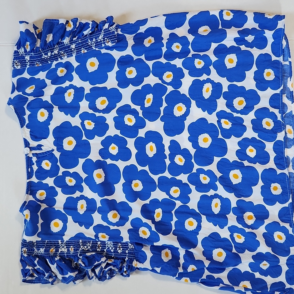 Blossoms Ruffled Sleeve Rayon Blue Gold Blouse - Medium - Picture 8 of 8